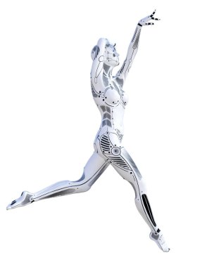 Robot kadın. Metal droid. Yapay zeka. Kavramsal moda sanat. Gerçekçi 3d render illüstrasyon. Stüdyo, ayrı tutma, yüksek anahtar.