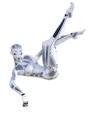 Robot kadın. Metal droid. Yapay zeka. Kavramsal moda sanat. Gerçekçi 3d render illüstrasyon. Stüdyo, ayrı tutma, yüksek anahtar.