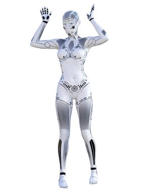 Robot kadın. Metal droid. Yapay zeka. Kavramsal moda sanat. Gerçekçi 3d render illüstrasyon. Stüdyo, ayrı tutma, yüksek anahtar.