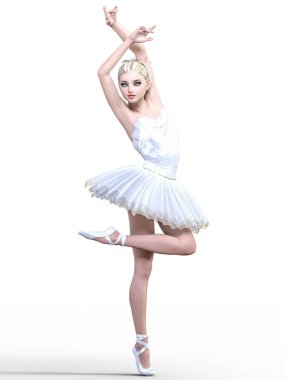 Dans eden balerin 3d. Beyaz bale tutu. Mavi gözlü sarışın kız. Bale dansçısı. Stüdyo fotoğrafçılığı. Yüksek anahtar. Kavramsal moda sanat. Gerçekçi çizim render. Beyaz arka plan.
