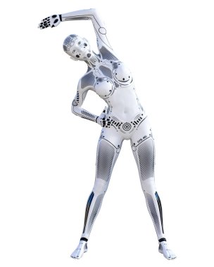 Robot kadın. Metal droid. Yapay zeka. Kavramsal moda sanat. Gerçekçi 3d render illüstrasyon. Stüdyo, ayrı tutma, yüksek anahtar.