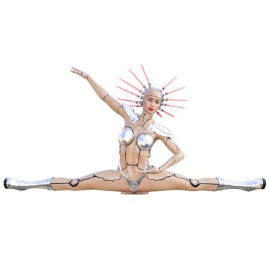 Cyborg droid robot kadın fütüristik metalik bikini. Abartılı moda sanat. Kız ayakta samimi kışkırtıcı poz. Fotogerçekçi 3d render illüstrasyon izole et. Stüdyo fotoğrafçılığı.
