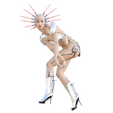 Cyborg droid robot kadın fütüristik metalik bikini. Abartılı moda sanat. Kız ayakta samimi kışkırtıcı poz. Fotogerçekçi 3d render illüstrasyon izole et. Stüdyo fotoğrafçılığı.