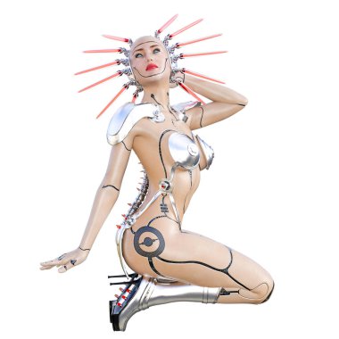 Cyborg droid robot kadın fütüristik metalik bikini. Abartılı moda sanat. Kız ayakta samimi kışkırtıcı poz. Fotogerçekçi 3d render illüstrasyon izole et. Stüdyo fotoğrafçılığı.