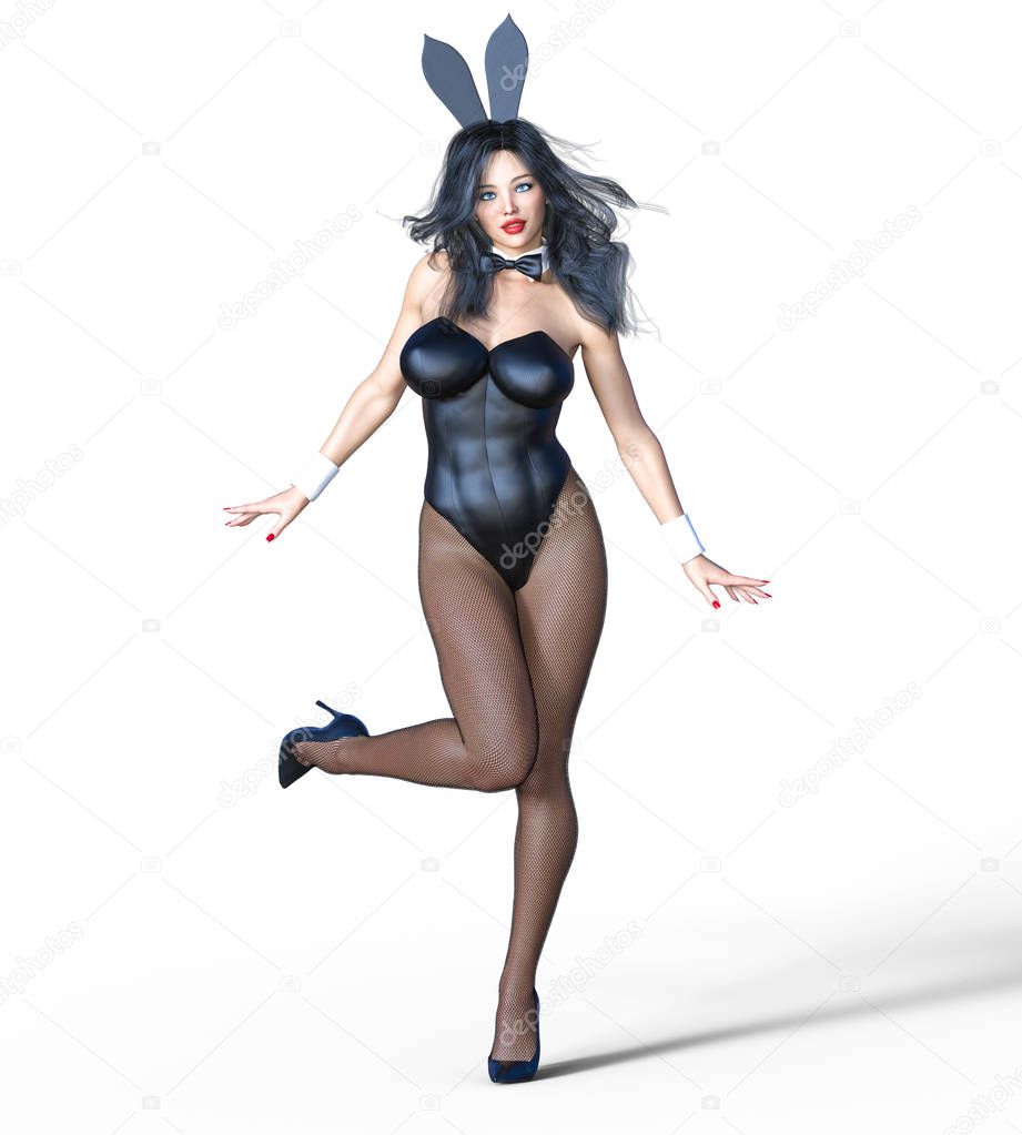 Bunny Girl. Sexy woman long legs in black fishnet tights. Black swimsuit and shoes. Conceptual fashion art. Blue eyes. Seductive candid pose. Photorealistic 3D render illustration. Isolate. Studio.