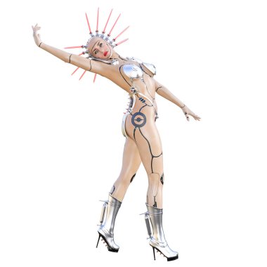 Cyborg droid robot kadın fütüristik metalik bikini. Abartılı moda sanat. Kız ayakta samimi kışkırtıcı poz. Fotogerçekçi 3d render illüstrasyon izole et. Stüdyo fotoğrafçılığı.