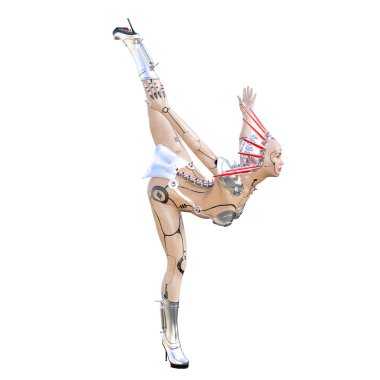 Cyborg droid robot kadın fütüristik metalik bikini. Abartılı moda sanat. Kız ayakta samimi kışkırtıcı poz. Fotogerçekçi 3d render illüstrasyon izole et. Stüdyo fotoğrafçılığı.