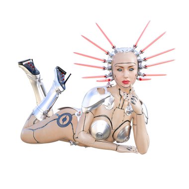 Cyborg droid robot kadın fütüristik metalik bikini. Abartılı moda sanat. Kız ayakta samimi kışkırtıcı poz. Fotogerçekçi 3d render illüstrasyon izole et. Stüdyo fotoğrafçılığı.