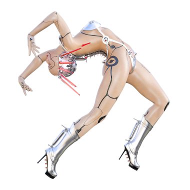 Cyborg droid robot kadın fütüristik metalik bikini. Abartılı moda sanat. Kız ayakta samimi kışkırtıcı poz. Fotogerçekçi 3d render illüstrasyon izole et. Stüdyo fotoğrafçılığı.