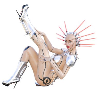 Cyborg droid robot kadın fütüristik metalik bikini. Abartılı moda sanat. Kız ayakta samimi kışkırtıcı poz. Fotogerçekçi 3d render illüstrasyon izole et. Stüdyo fotoğrafçılığı.