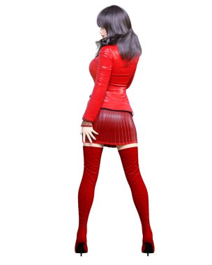 3D güzel esmer kadın kırmızı ceket ve uzun çizmeler. İlkbahar sonbahar koleksiyonu kıyafetler. Parlak makyaj. Kadın stüdyo fotoğrafçılığı. Kavramsal moda sanat. Baştan çıkarıcı samimi poz. Render.