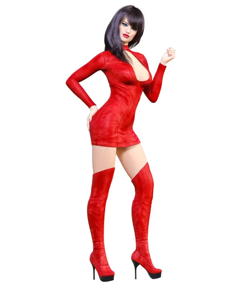 Piękna Kobieta Sukienka Czerwona Skórzana Krótkie Długie Buty Ubrania Kolekcji — Zdjęcie stockowe