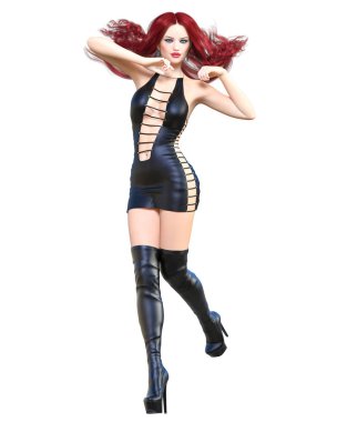 Siyah deri kısa mini elbise uzun Çizmeli güzel kızıl saçlı kadın. Yaz koleksiyonu giysileri. Parlak makyaj. Kadın stüdyo fotoğrafçılığı. Kavramsal moda sanat. Baştan çıkarıcı samimi poz. Render.