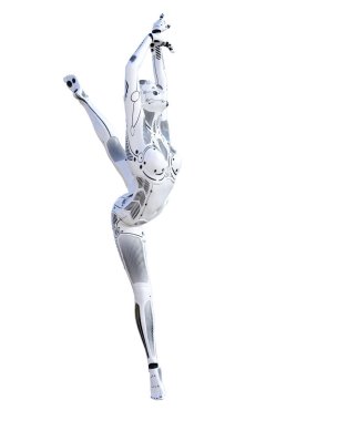 Robot kadın. Metal droid. Yapay zeka. Kavramsal moda sanat. Gerçekçi 3d render illüstrasyon. Stüdyo, ayrı tutma, yüksek anahtar.