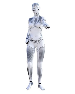 Robot kadın. Metal droid. Yapay zeka. Kavramsal moda sanat. Gerçekçi 3d render illüstrasyon. Stüdyo, ayrı tutma, yüksek anahtar.