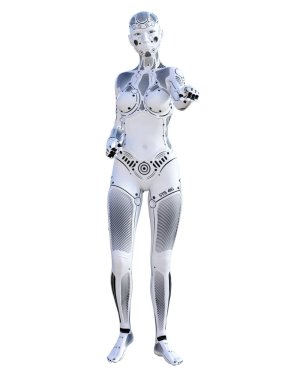 Robot kadın. Metal droid. Yapay zeka. Kavramsal moda sanat. Gerçekçi 3d render illüstrasyon. Stüdyo, ayrı tutma, yüksek anahtar.