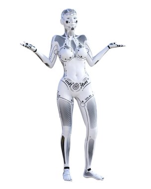Robot kadın. Metal droid. Yapay zeka. Kavramsal moda sanat. Gerçekçi 3d render illüstrasyon. Stüdyo, ayrı tutma, yüksek anahtar.
