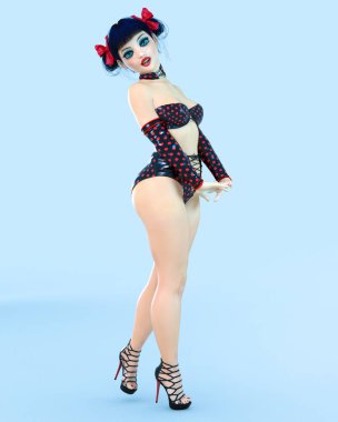 3D seksi kız bebek büyük mavi gözleri ve parlak makyaj. Kadın retro tarzı siyah ve kırmızı şort. Yüksek topuk. Koyu saç yay. Kavramsal moda sanat. Baştan çıkarıcı samimi poz. Gerçekçi render illüstrasyon.