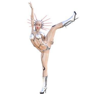 Cyborg droid robot kadın fütüristik metalik bikini. Abartılı moda sanat. Kız ayakta samimi kışkırtıcı poz. Fotogerçekçi 3d render illüstrasyon izole et. Stüdyo fotoğrafçılığı.