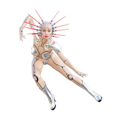 Cyborg droid robot kadın fütüristik metalik bikini. Abartılı moda sanat. Kız ayakta samimi kışkırtıcı poz. Fotogerçekçi 3d render illüstrasyon izole et. Stüdyo fotoğrafçılığı.