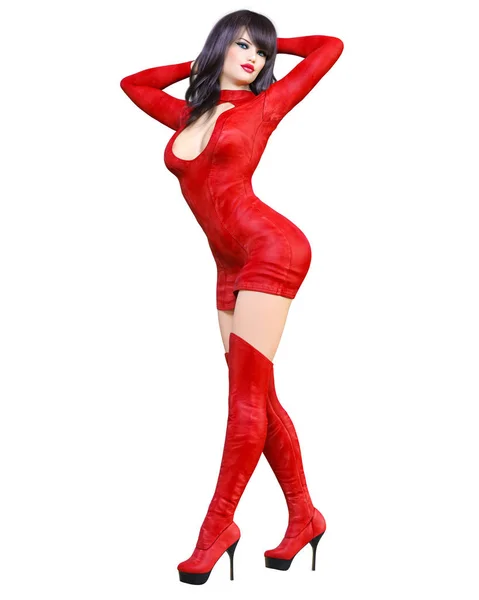 Vacker Kvinna Rött Kort Läder Klänning Och Långa Stövlar Vår — Stockfoto