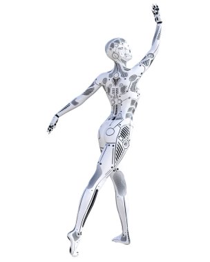 Dans robot kadın. Metal droid. Yapay zeka. Kavramsal moda sanat. Gerçekçi 3d render illüstrasyon. Stüdyo, ayrı tutma, yüksek anahtar.