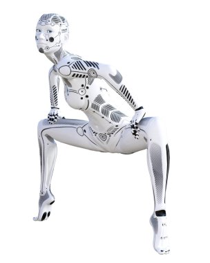Dans robot kadın. Metal droid. Yapay zeka. Kavramsal moda sanat. Gerçekçi 3d render illüstrasyon. Stüdyo, ayrı tutma, yüksek anahtar.