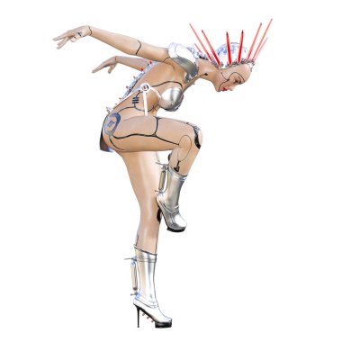 Cyborg droid robot kadın fütüristik metalik bikini. Abartılı moda sanat. Kız ayakta samimi kışkırtıcı poz. Fotogerçekçi 3d render illüstrasyon izole et. Stüdyo fotoğrafçılığı.
