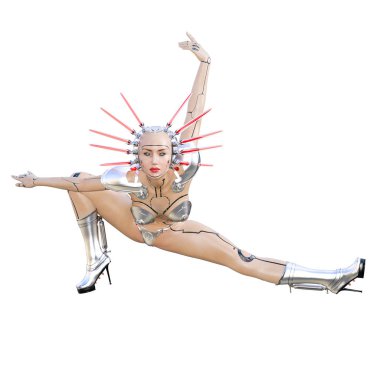Cyborg droid robot kadın fütüristik metalik bikini. Abartılı moda sanat. Kız ayakta samimi kışkırtıcı poz. Fotogerçekçi 3d render illüstrasyon izole et. Stüdyo fotoğrafçılığı.