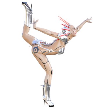 Cyborg droid robot kadın fütüristik metalik bikini. Abartılı moda sanat. Kız ayakta samimi kışkırtıcı poz. Fotogerçekçi 3d render illüstrasyon izole et. Stüdyo fotoğrafçılığı.