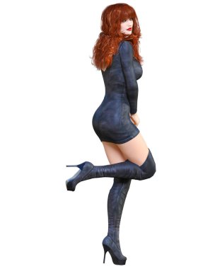 3D güzel kadın siyah kısa deri elbise ve uzun çizmeler. İlkbahar sonbahar koleksiyonu kıyafetler. Parlak makyaj. Kadın stüdyo fotoğrafçılığı. Kavramsal moda sanat. Baştan çıkarıcı samimi poz. Render.