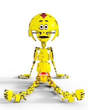 Eski üzgün sarı metal mekanik robot llustration. Sivri ve perişan oyuncak droid. Kavramsal 3d render sanat. izole.