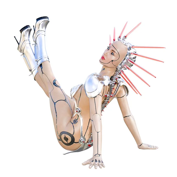 Cyborg Droid Robot Kadın Fütüristik Metalik Bikini Abartılı Moda Sanat — Stok fotoğraf