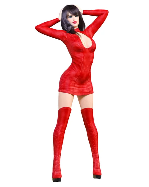 Όμορφη Γυναίκα Κόκκινο Δερμάτινο Κοντό Φόρεμα Και Μακριές Δεσμίδες Ρούχα — Φωτογραφία Αρχείου
