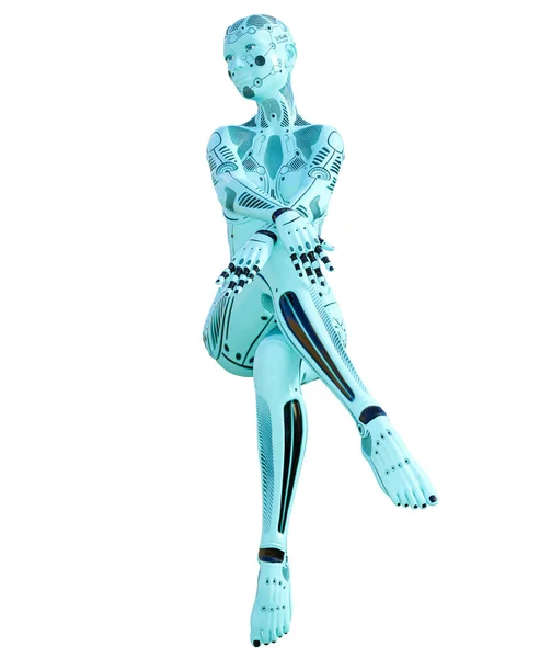 Donna Robot Danza Droide Azzurro Metallico Intelligenza Artificiale Arte Concettuale — Foto Stock