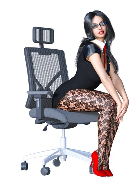 Long Haired Sexy Brunette Secretary Black Pantyhose Beautiful Girl Glasses — Stock Photo, Image