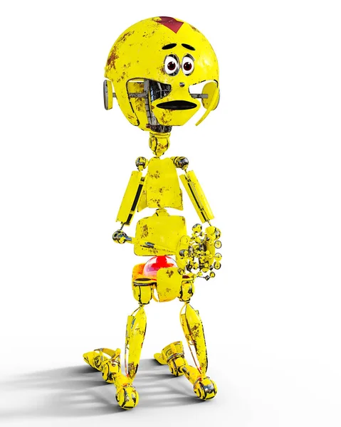 Ilustración Robot Mecánico Metal Amarillo Triste Viejo Droide Juguete Puntiagudo —  Fotos de Stock