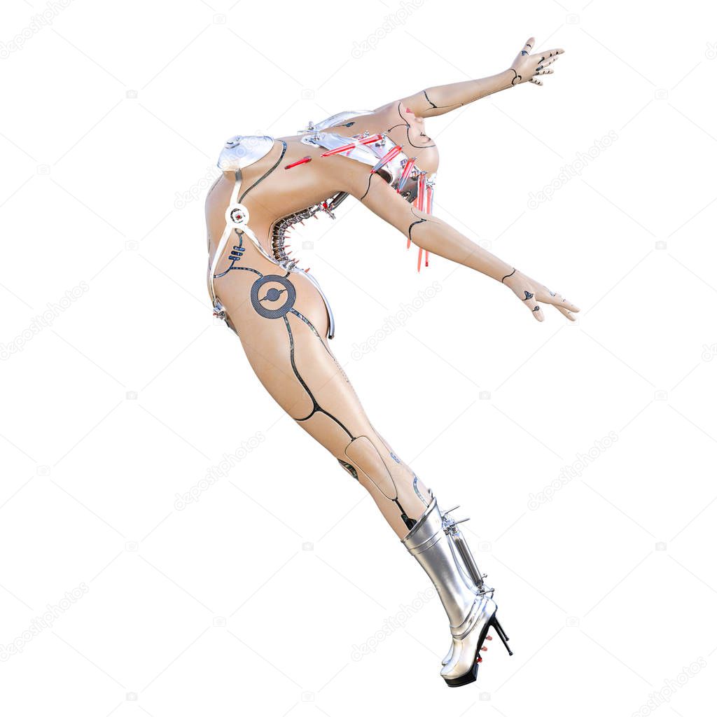 Cyborg droid robot woman futuristic metallic bikini. Extravagant fashion art. Girl standing candid provocative pose. Photorealistic 3D rendering isolate illustration. Studio photography.
