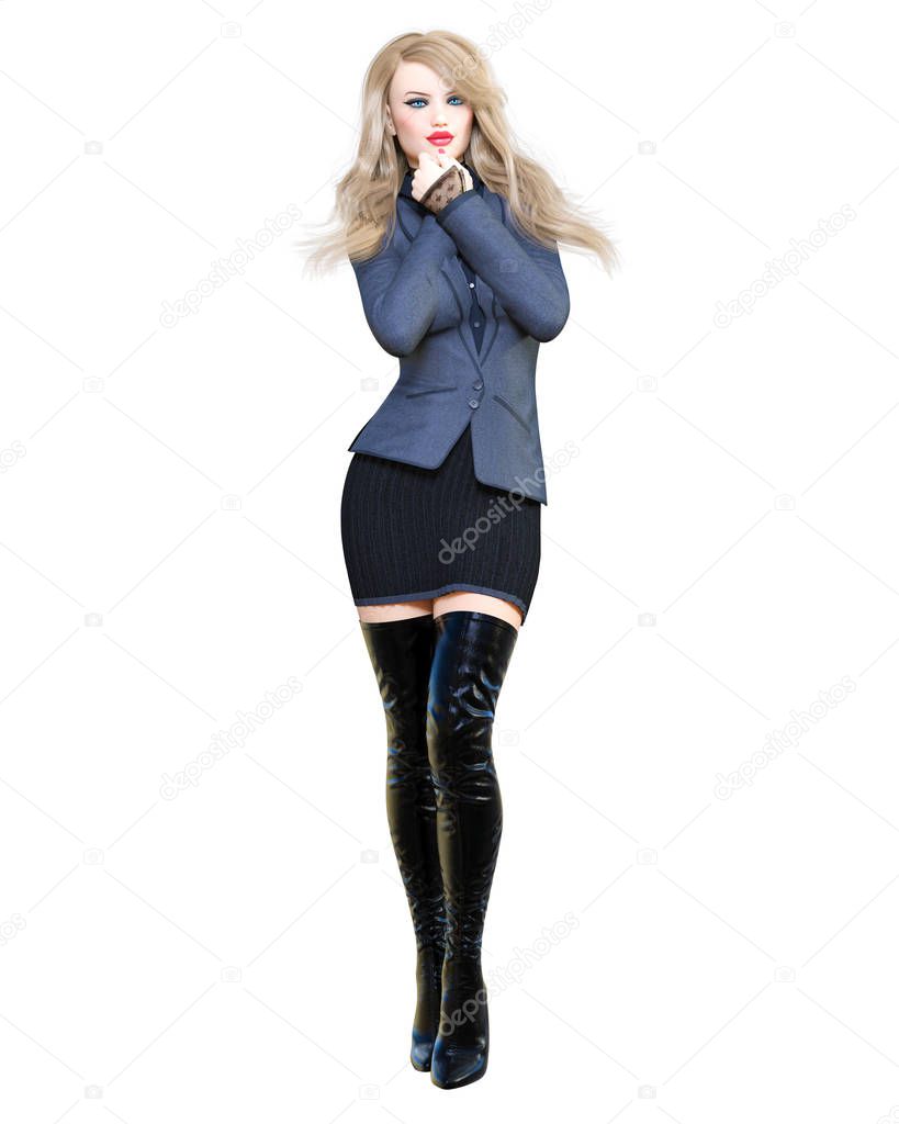 3D Beautiful blonde woman in black blazer and long boots.Spring-autumn collection clothes.Bright makeup.Woman studio photography.Conceptual fashion art.Seductive candid pose.Render.