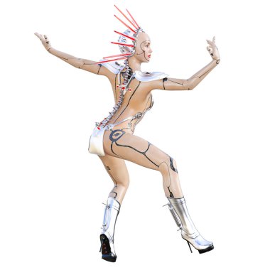 Cyborg droid robot kadın fütüristik metalik bikini. Abartılı moda sanat. Kız ayakta samimi kışkırtıcı poz. Fotogerçekçi 3d render illüstrasyon izole et. Stüdyo fotoğrafçılığı.