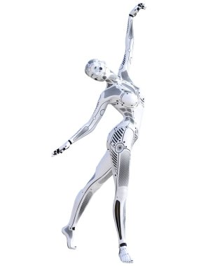 Dans robot kadın. Metal droid. Yapay zeka. Kavramsal moda sanat. Gerçekçi 3d render illüstrasyon. Stüdyo, ayrı tutma, yüksek anahtar.