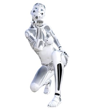 Dans robot kadın. Metal droid. Yapay zeka. Kavramsal moda sanat. Gerçekçi 3d render illüstrasyon. Stüdyo, ayrı tutma, yüksek anahtar.
