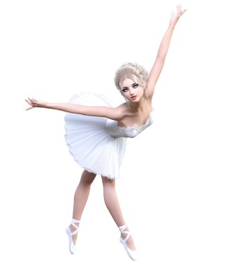 Dans eden balerin 3d. Beyaz bale tutu. Mavi gözlü sarışın kız. Bale dansçısı. Stüdyo fotoğrafçılığı. Yüksek anahtar. Kavramsal moda sanat. Gerçekçi çizim render. Beyaz arka plan.