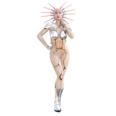 Cyborg droid robot kadın fütüristik metalik bikini. Abartılı moda sanat. Kız ayakta samimi kışkırtıcı poz. Fotogerçekçi 3d render illüstrasyon izole et. Stüdyo fotoğrafçılığı.