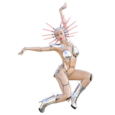 Cyborg droid robot kadın fütüristik metalik bikini. Abartılı moda sanat. Kız ayakta samimi kışkırtıcı poz. Fotogerçekçi 3d render illüstrasyon izole et. Stüdyo fotoğrafçılığı.
