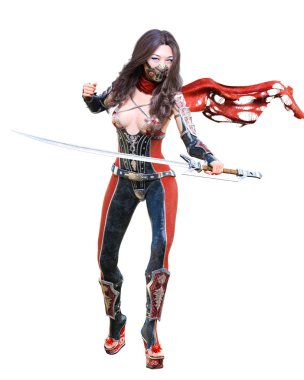 3D seksi Japon suikastçı kadın maskesi ve kılıç. llustration. Kavramsal moda sanat. Baştan çıkarıcı samimi poz. izole.