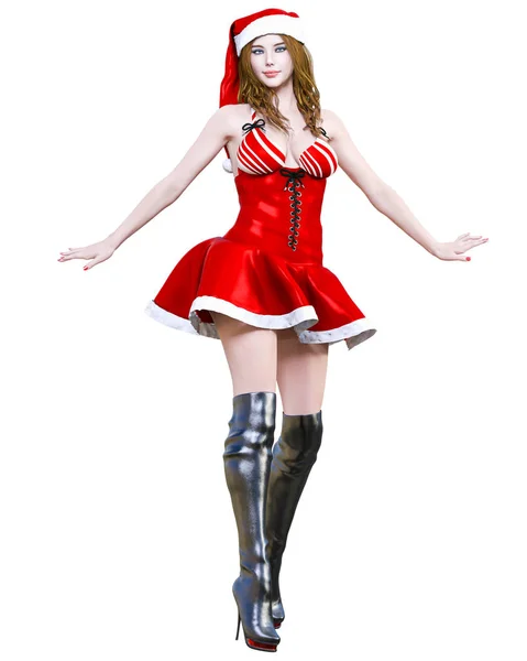 Jovem Bonito Rosto Boneca Santa Menina Pele Vestido Festiva Vermelha — Fotografia de Stock