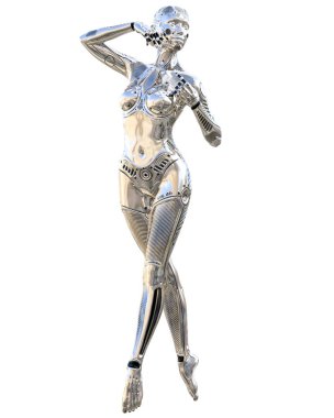 Dans robot kadın. Metal parlak gümüş droid. Yapay zeka. Kavramsal moda sanat. Gerçekçi 3d render illüstrasyon. Stüdyo, ayrı tutma, yüksek anahtar.