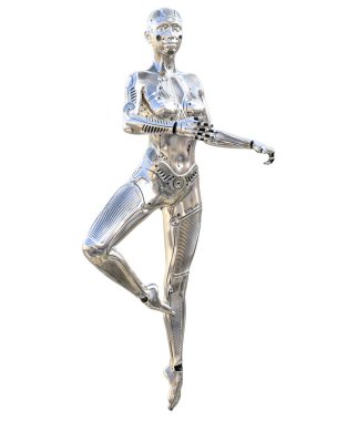 Dans robot kadın. Metal parlak gümüş droid. Yapay zeka. Kavramsal moda sanat. Gerçekçi 3d render illüstrasyon. Stüdyo, ayrı tutma, yüksek anahtar.