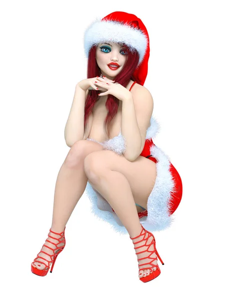 Unga Vackra Santa Flicka Docka Ansikte Kort Röd Festlig Klänning — Stockfoto
